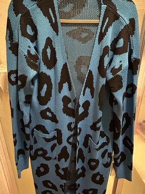 Blue and Black Leopard Print Open-Front Cardigan